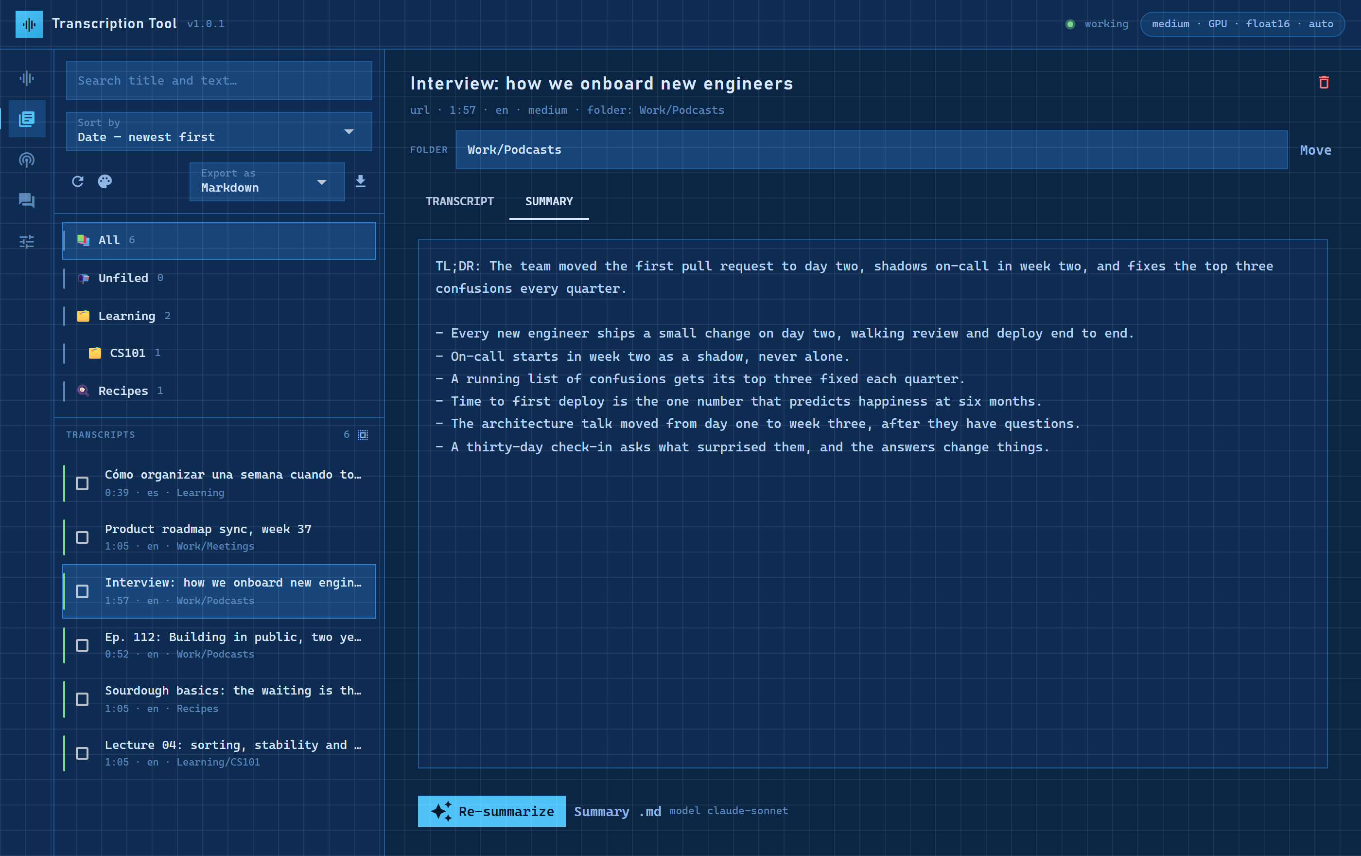 The Library screen: folders on the left, a transcript open with its summary